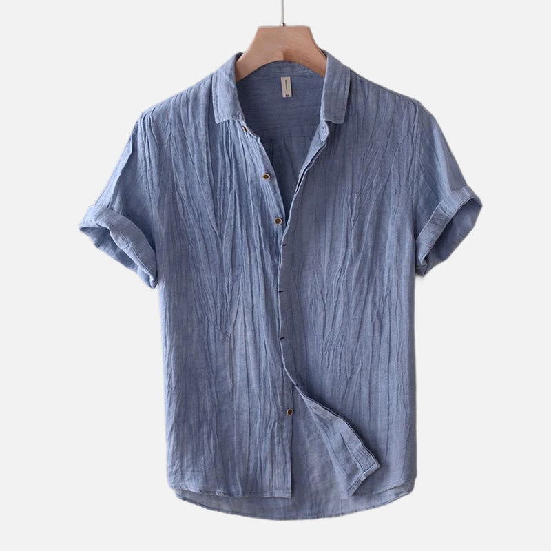 Chemise homme Buddha Stones couleur unie revers haut manches courtes confortable bouton pli chemise en coton et lin - Manches courtes - BleuetBleu - États-Unis/Royaume-Uni/AU50, EU60 (5XL) - image 0