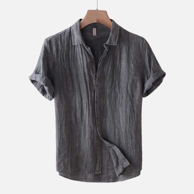 Chemise homme Buddha Stones couleur unie revers haut manches courtes confortable bouton pli chemise en coton et lin - manches courtes - Gris - US/UK/AU50，EU60 (5XL) - image 4