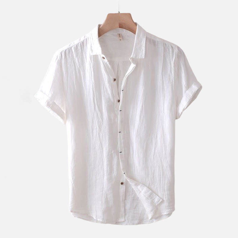 Chemise homme Buddha Stones couleur unie revers haut manches courtes confortable bouton pli chemise en coton et lin - manches courtes - Blanc - US/UK/AU50，EU60 (5XL) - image 7