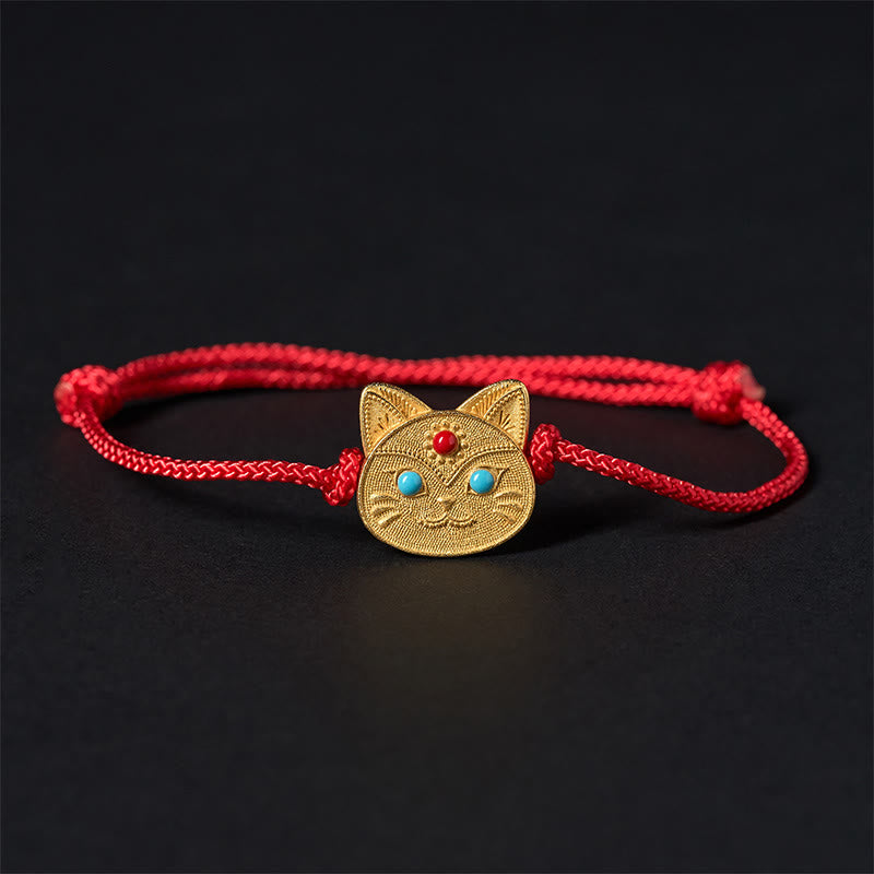 Bracelet en argent sterling 925 avec Buddha Stones et fil rouge en forme de chat - 14-18 cm - image 0