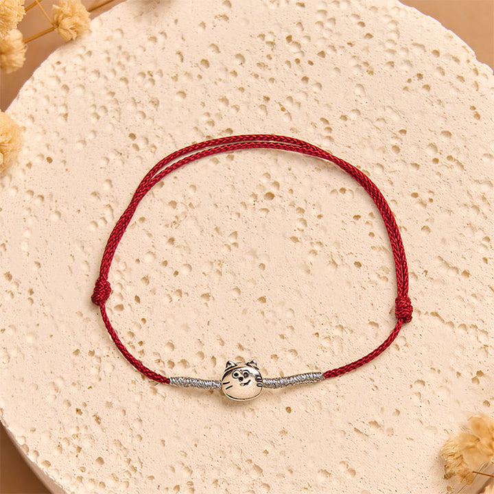 Bracelet Buddha Stones 925 avec motif chat mignon et fil rouge - Cordon rouge argenté (tour de poignet 14-18 cm) - image 8
