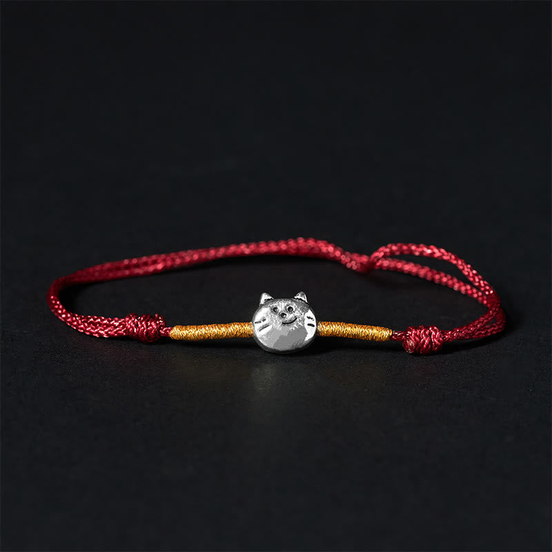 Bracelet Buddha Stones 925 avec motif chat mignon et fil rouge - Cordon rouge doré (tour de poignet 14-18 cm) - image 0