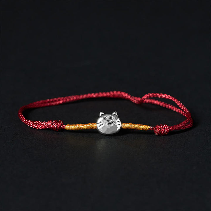 Bracelet Buddha Stones 925 avec motif chat mignon et fil rouge - Cordon rouge doré (tour de poignet 14-18 cm) - image 0