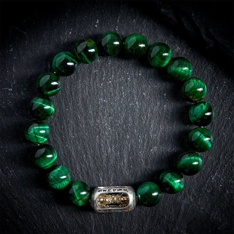 Bracelet de force positive Om Mani Padme Hum en Buddha Stones naturelles œil de tigre vert - image 1