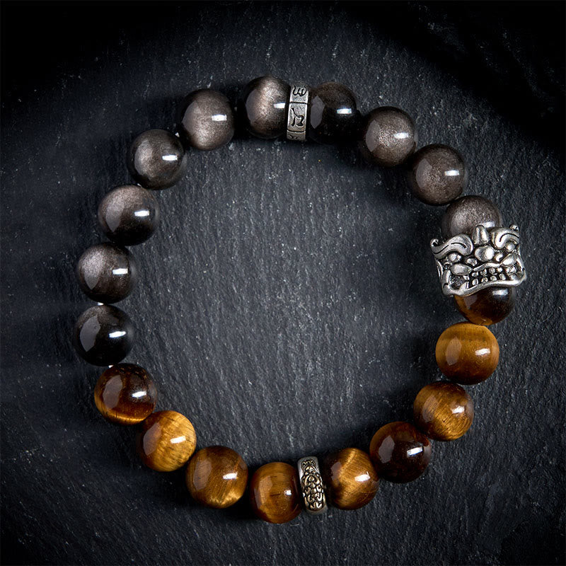 Bracelet Buddha Stones Œil de Tigre Obsidienne Argentée Brillante Om Mani Padme Hum Cheval PiXiu Bête Courage - image 2