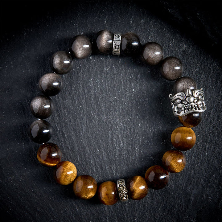 Bracelet Buddha Stones Œil de Tigre Obsidienne Argentée Brillante Om Mani Padme Hum Cheval PiXiu Bête Courage - image 2