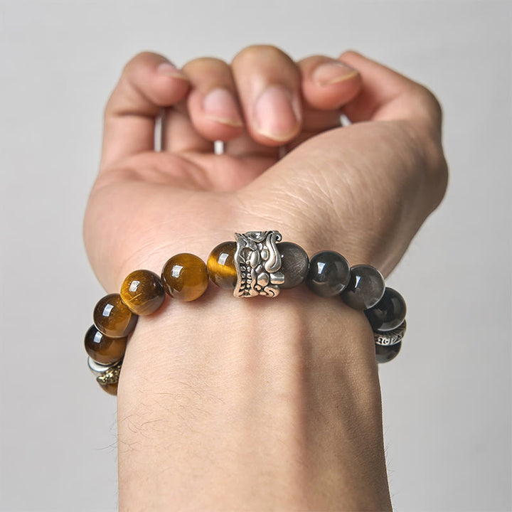 Bracelet Buddha Stones Œil de Tigre Obsidienne Argentée Brillante Om Mani Padme Hum Cheval PiXiu Bête Courage - image 4
