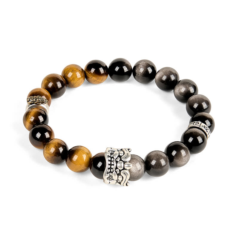Bracelet Buddha Stones Œil de Tigre Obsidienne Argentée Brillante Om Mani Padme Hum Cheval PiXiu Bête Courage - image 6