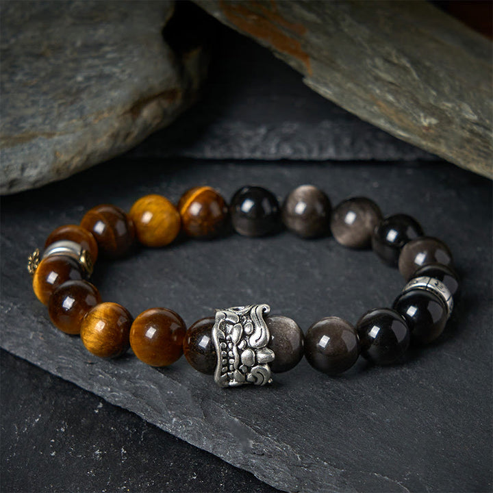 Bracelet Buddha Stones Œil de Tigre Obsidienne Argentée Brillante Om Mani Padme Hum Cheval PiXiu Bête Courage - image 1