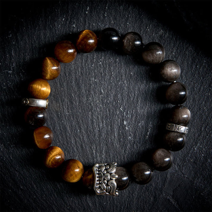 Bracelet Buddha Stones Œil de Tigre Obsidienne Argentée Brillante Om Mani Padme Hum Cheval PiXiu Bête Courage - 20 cm - image 0