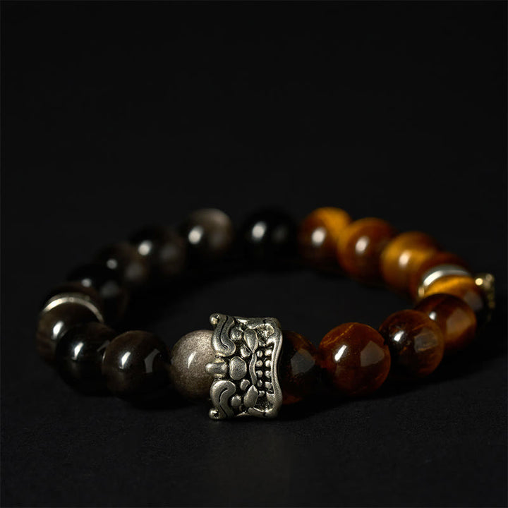 Bracelet Buddha Stones Œil de Tigre Obsidienne Argentée Brillante Om Mani Padme Hum Cheval PiXiu Bête Courage - image 3