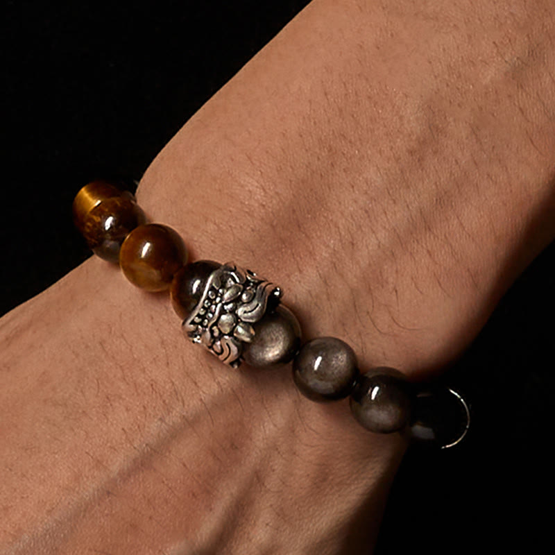 Bracelet Buddha Stones Œil de Tigre Obsidienne Argentée Brillante Om Mani Padme Hum Cheval PiXiu Bête Courage - image 5