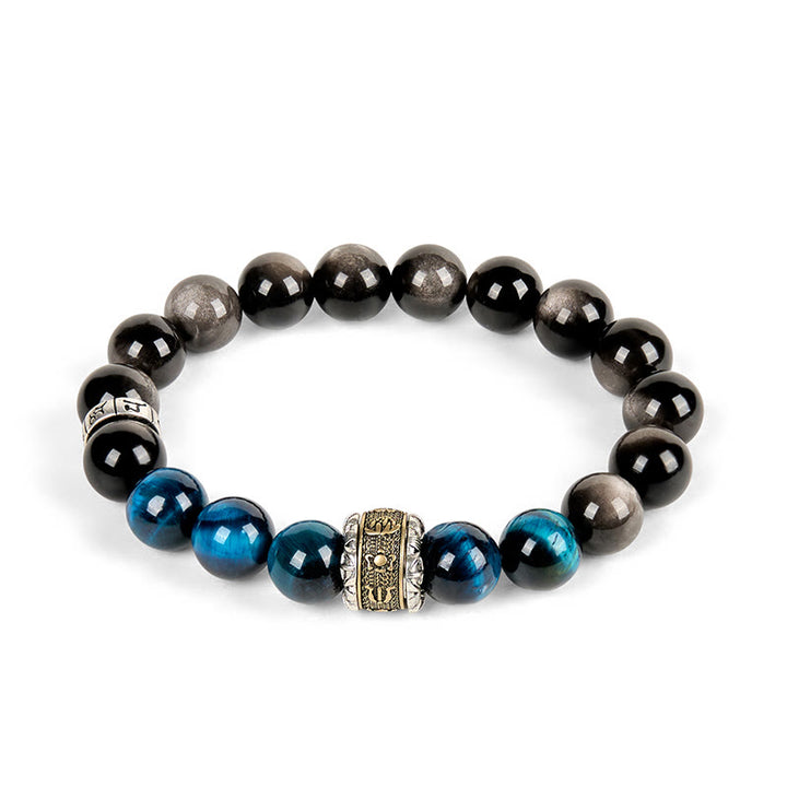 Bracelet de Communication en Buddha Stones, argent naturel, obsidienne bleue, œil de tigre, Om Mani Padme Hum - image 4