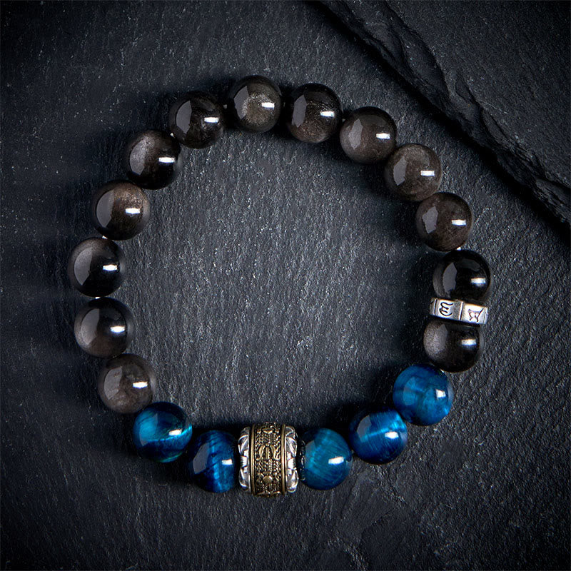 Bracelet de Communication en Buddha Stones, argent naturel, obsidienne bleue, œil de tigre, Om Mani Padme Hum - image 1