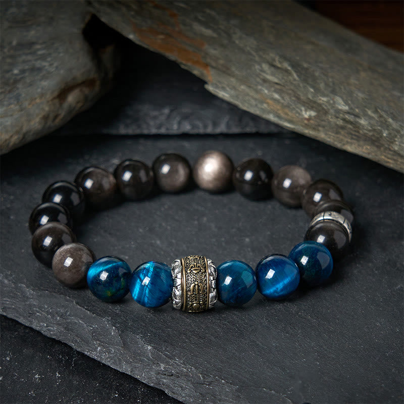 Bracelet de Communication en Buddha Stones, argent naturel, obsidienne bleue, œil de tigre, Om Mani Padme Hum - 20 cm - image 0