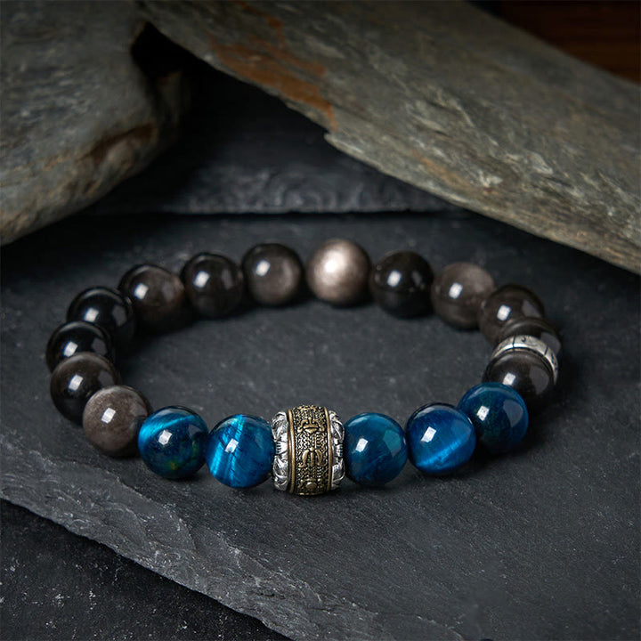 Bracelet de Communication en Buddha Stones, argent naturel, obsidienne bleue, œil de tigre, Om Mani Padme Hum - 20 cm - image 0