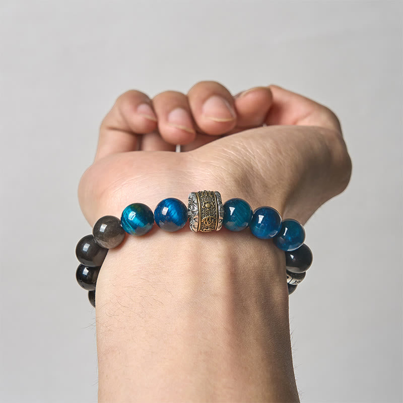 Bracelet de Communication en Buddha Stones, argent naturel, obsidienne bleue, œil de tigre, Om Mani Padme Hum - image 3
