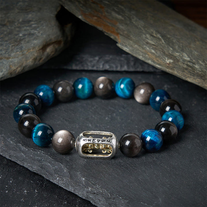 Bracelet apaisant Om Mani Padme Hum en obsidienne bleue et œil de tigre naturel et argent Buddha Stones - 20 cm - image 0