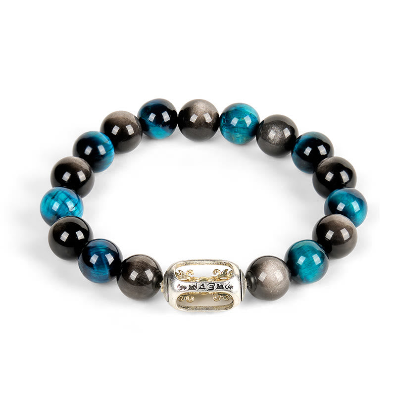 Bracelet apaisant Om Mani Padme Hum en obsidienne bleue et œil de tigre naturel et argent Buddha Stones - image 4
