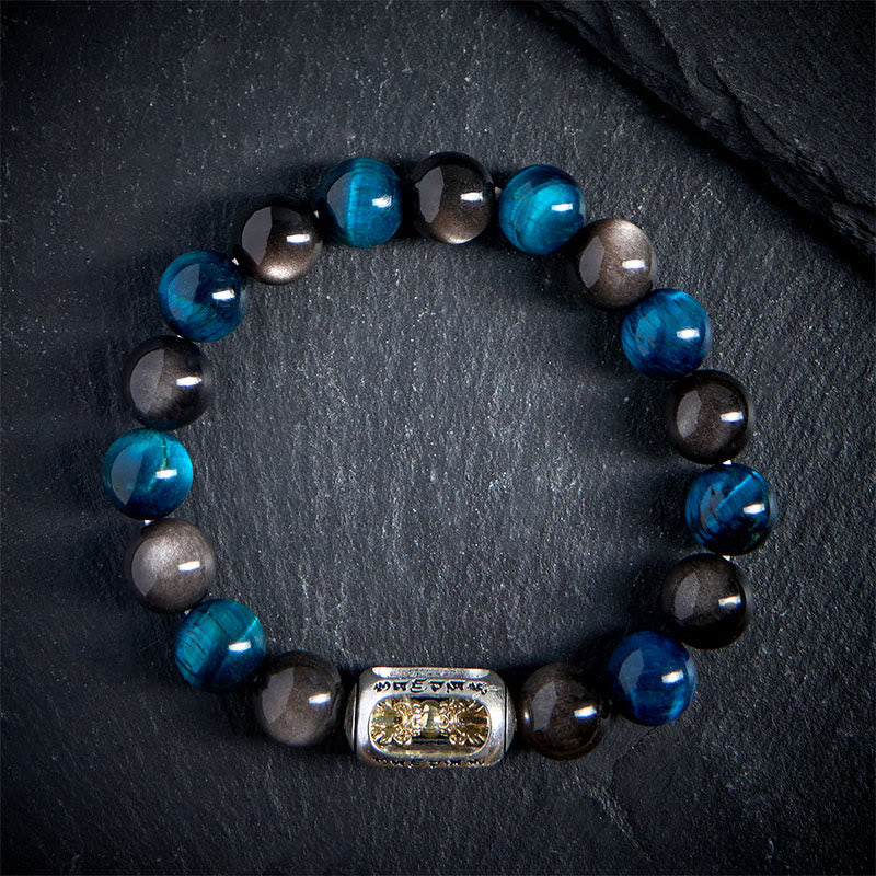 Bracelet apaisant Om Mani Padme Hum en obsidienne bleue et œil de tigre naturel et argent Buddha Stones - image 1