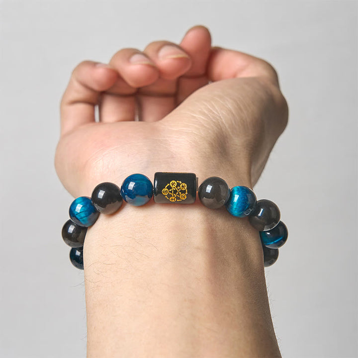 Bracelet de protection des cinq éléments en Buddha Stones argentée et brillante, œil de tigre bleu et onyx noir - image 3