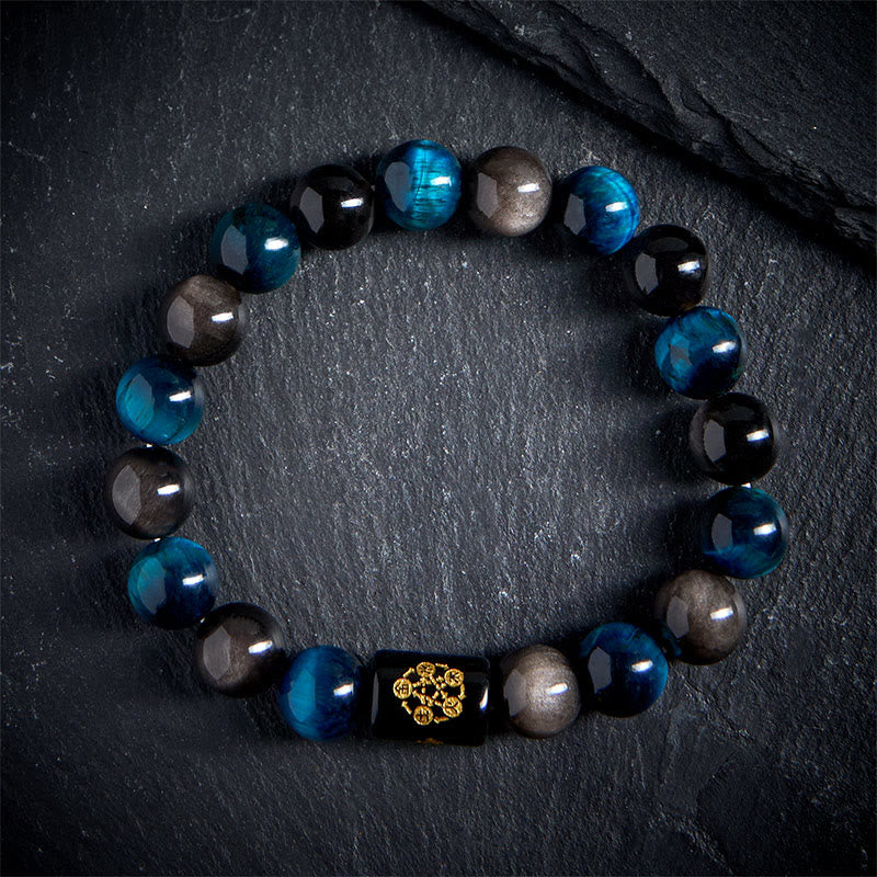Bracelet de protection des cinq éléments en Buddha Stones argentée et brillante, œil de tigre bleu et onyx noir - image 1