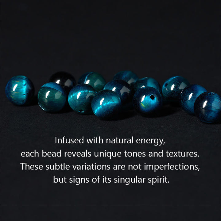 Bracelet de protection des cinq éléments en Buddha Stones argentée et brillante, œil de tigre bleu et onyx noir - image 5