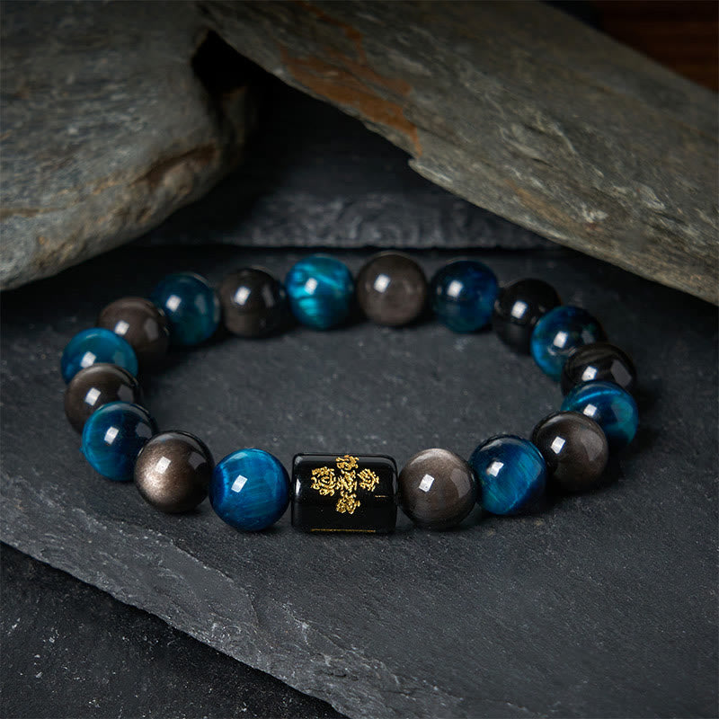 Bracelet de protection des cinq éléments en Buddha Stones argentée et brillante, œil de tigre bleu et onyx noir - 20 cm - image 0