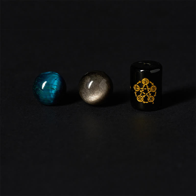 Bracelet de protection des cinq éléments en Buddha Stones argentée et brillante, œil de tigre bleu et onyx noir - image 7