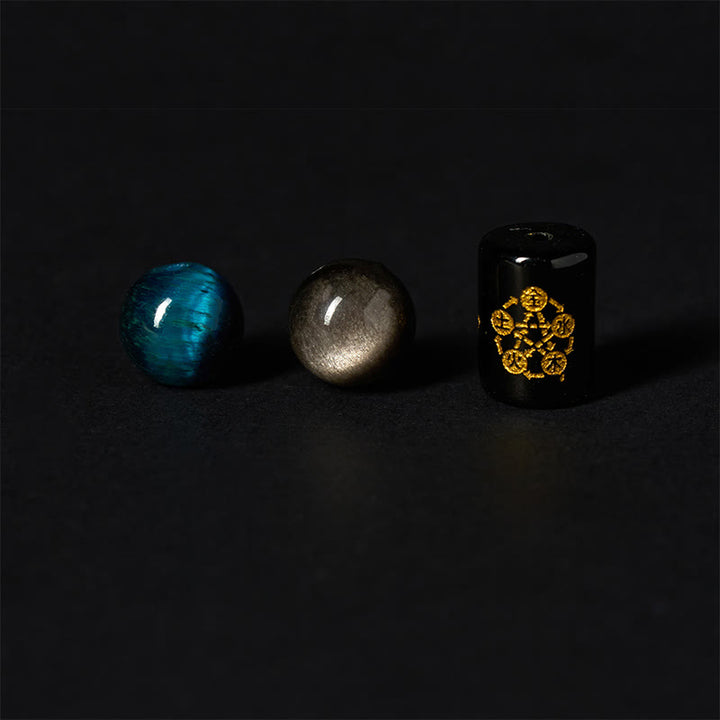 Bracelet de protection des cinq éléments en Buddha Stones argentée et brillante, œil de tigre bleu et onyx noir - image 7
