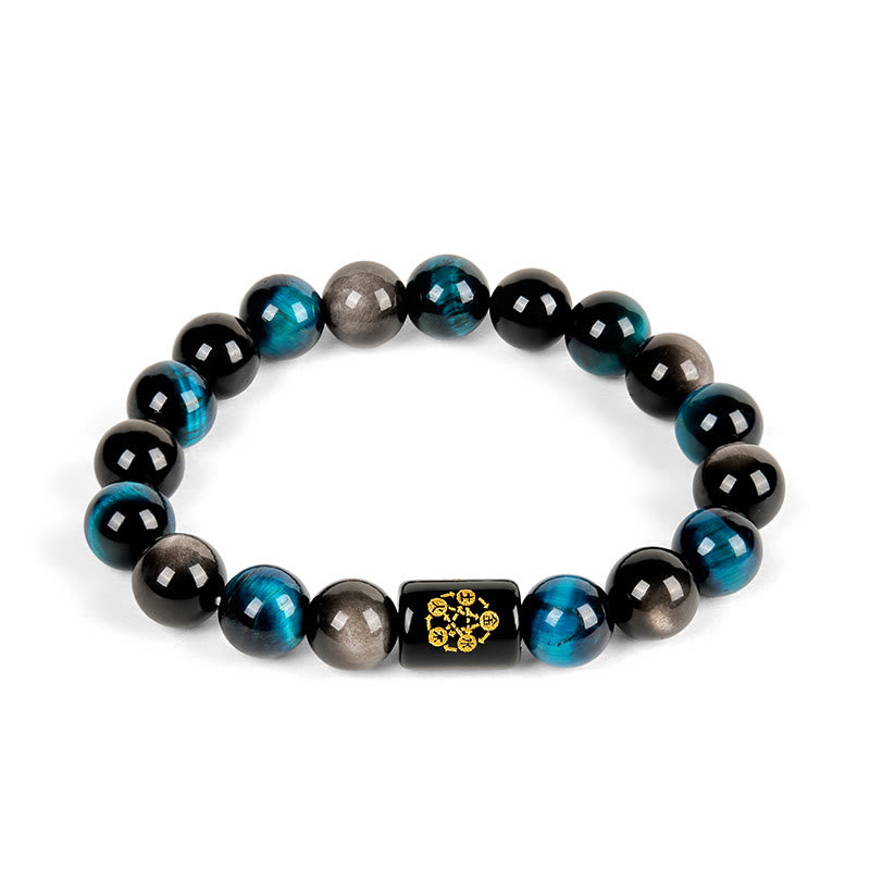 Bracelet de protection des cinq éléments en Buddha Stones argentée et brillante, œil de tigre bleu et onyx noir - image 4