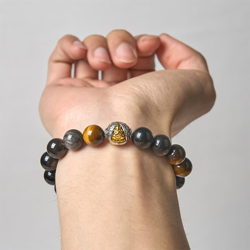 Bracelet de protection Bouddha à trois faces en Buddha Stones naturelle argentée et œil de tigre - image 4