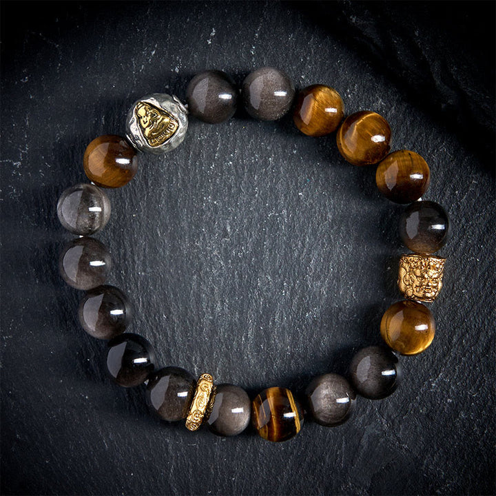 Bracelet de protection Bouddha à trois faces en Buddha Stones naturelle argentée et œil de tigre - image 2
