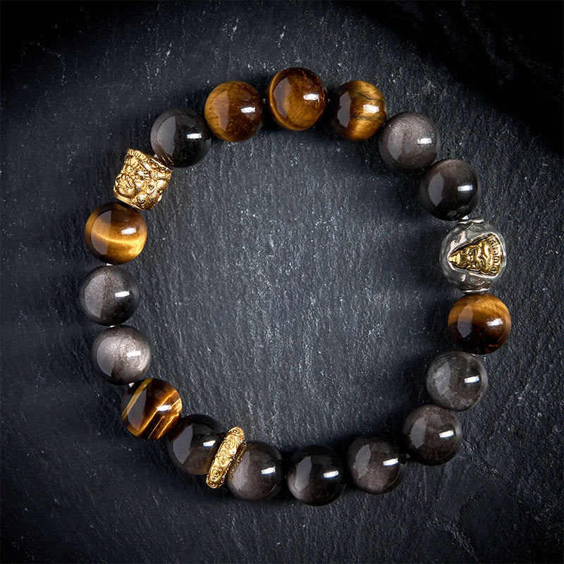 Bracelet de protection Bouddha à trois faces en Buddha Stones naturelle argentée et œil de tigre - 20 cm - image 0