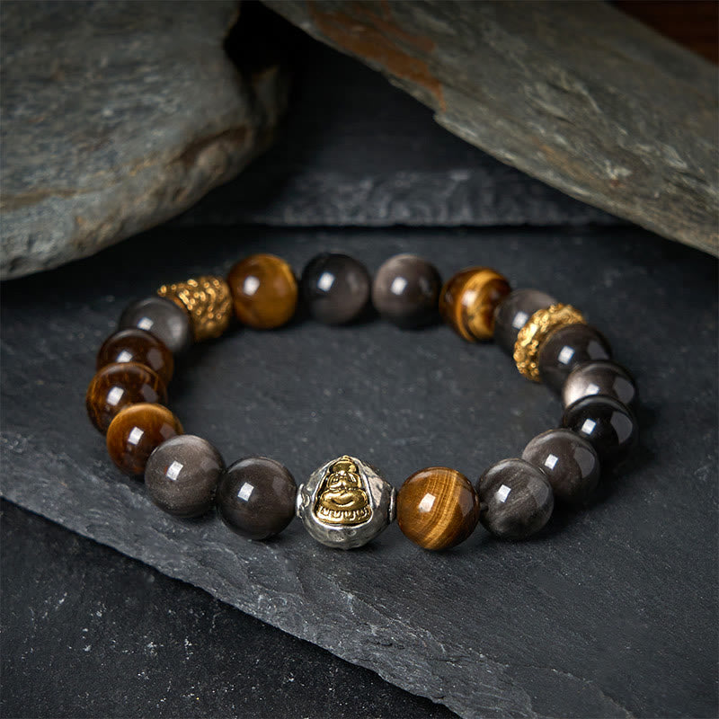 Bracelet de protection Bouddha à trois faces en Buddha Stones naturelle argentée et œil de tigre - image 1