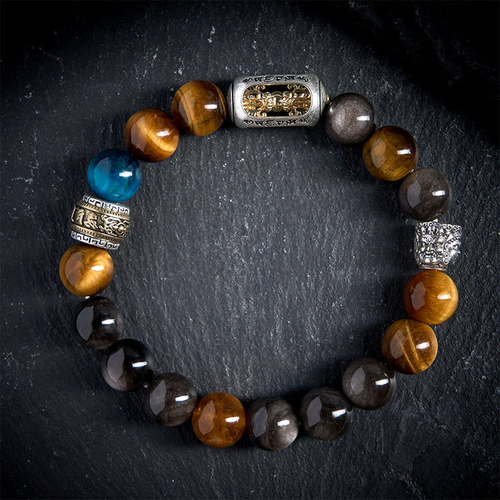 Bracelet Buddha Stones Positif à Trois Faces en Obsidienne Argentée et Brillante Œil de Tigre Om Mani Padme Hum - image 2