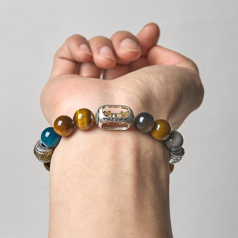 Bracelet Buddha Stones Positif à Trois Faces en Obsidienne Argentée et Brillante Œil de Tigre Om Mani Padme Hum - image 4