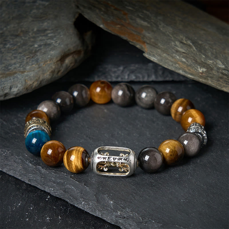 Bracelet Buddha Stones Positif à Trois Faces en Obsidienne Argentée et Brillante Œil de Tigre Om Mani Padme Hum - image 1