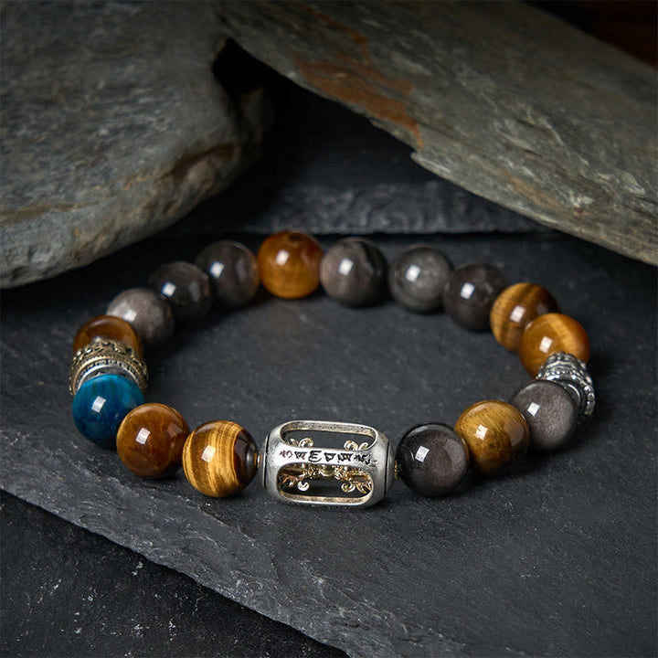Bracelet Buddha Stones Positif à Trois Faces en Obsidienne Argentée et Brillante Œil de Tigre Om Mani Padme Hum - image 1