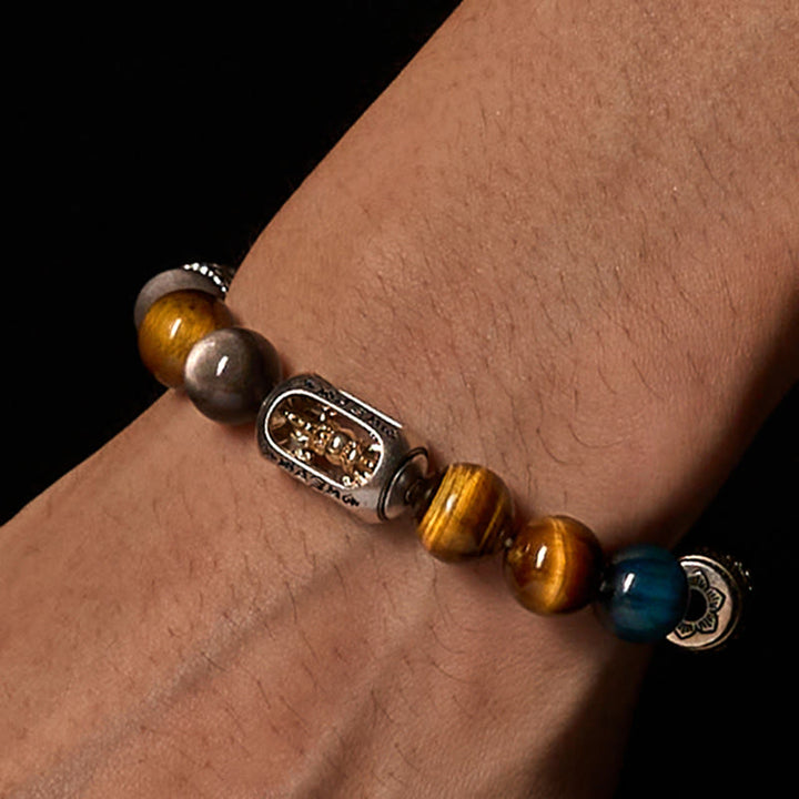 Bracelet Buddha Stones Positif à Trois Faces en Obsidienne Argentée et Brillante Œil de Tigre Om Mani Padme Hum - image 3