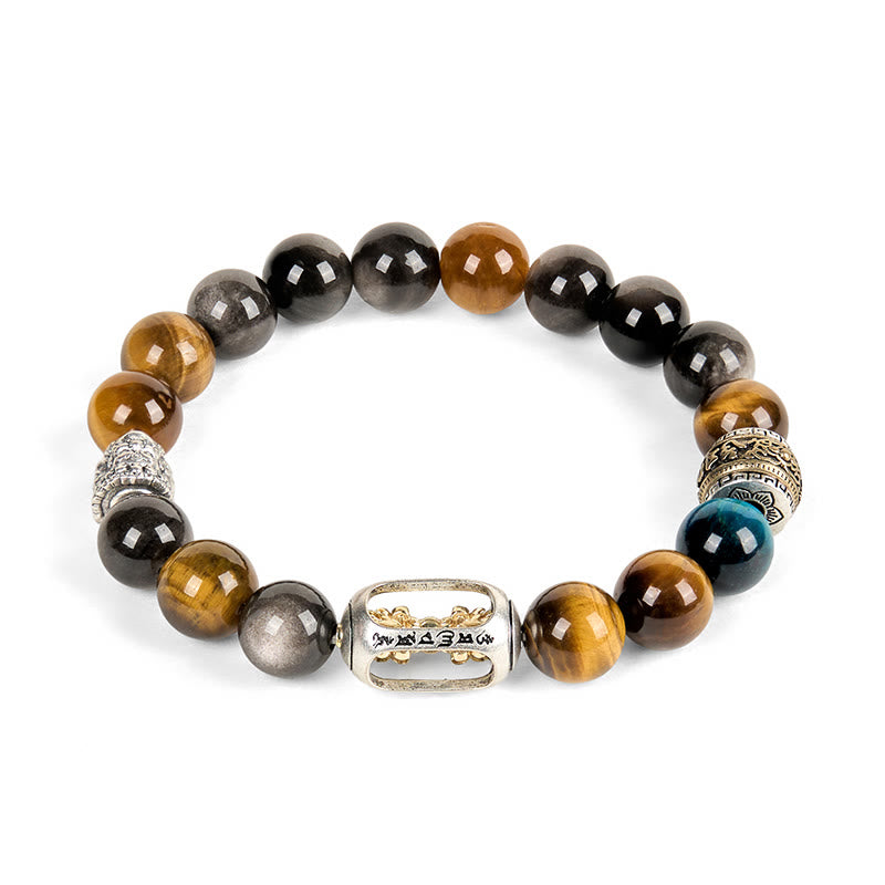 Bracelet Buddha Stones Positif à Trois Faces en Obsidienne Argentée et Brillante Œil de Tigre Om Mani Padme Hum - image 5