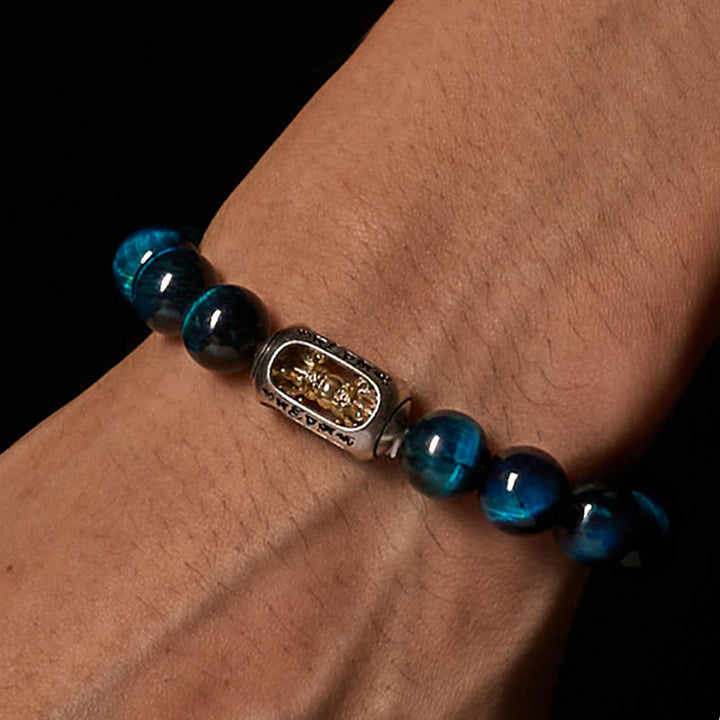Bracelet de force Om Mani Padme Hum en Buddha Stones naturelles œil de tigre bleu - image 2