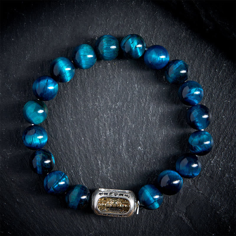 Bracelet de force Om Mani Padme Hum en Buddha Stones naturelles œil de tigre bleu - image 1