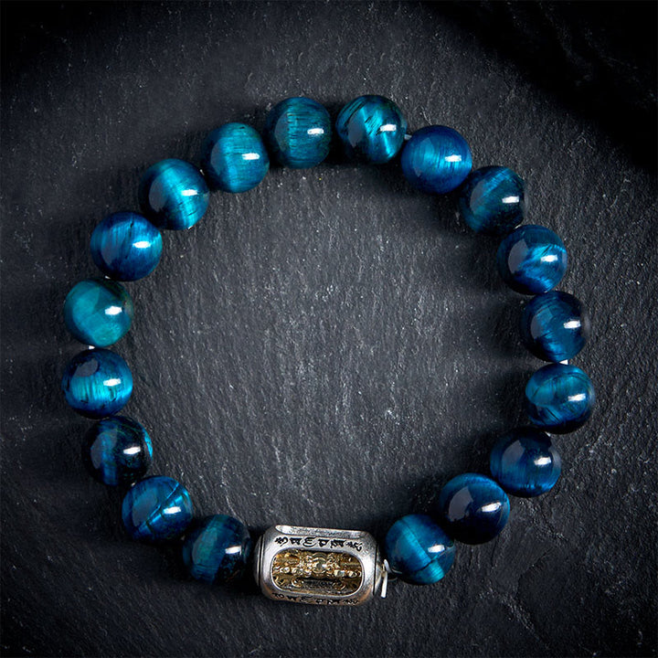 Bracelet de force Om Mani Padme Hum en Buddha Stones naturelles œil de tigre bleu - image 1