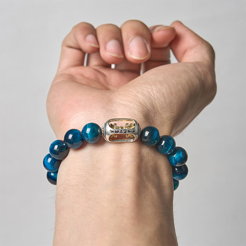 Bracelet de force Om Mani Padme Hum en Buddha Stones naturelles œil de tigre bleu - image 3