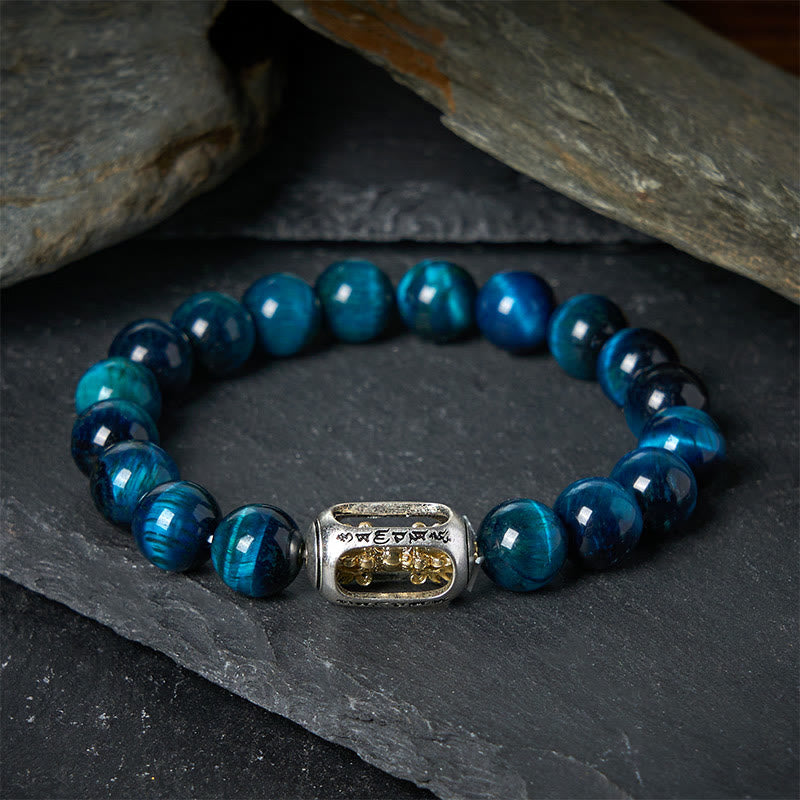 Bracelet de force Om Mani Padme Hum en Buddha Stones naturelles œil de tigre bleu - 20 cm - image 0
