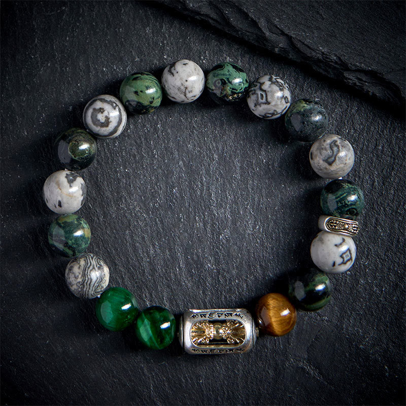 Buddha Stones Jaspe Gris Naturel Jaspe Kambamba Oeil de Tigre Om Mani Padme Hum Bracelet de Protection - image 1