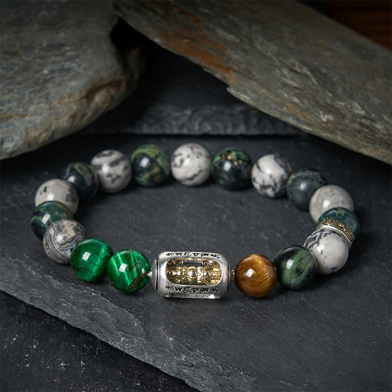 Buddha Stones Jaspe Gris Naturel Jaspe Kambamba Oeil de Tigre Om Mani Padme Hum Bracelet de Protection - 20 cm - image 0