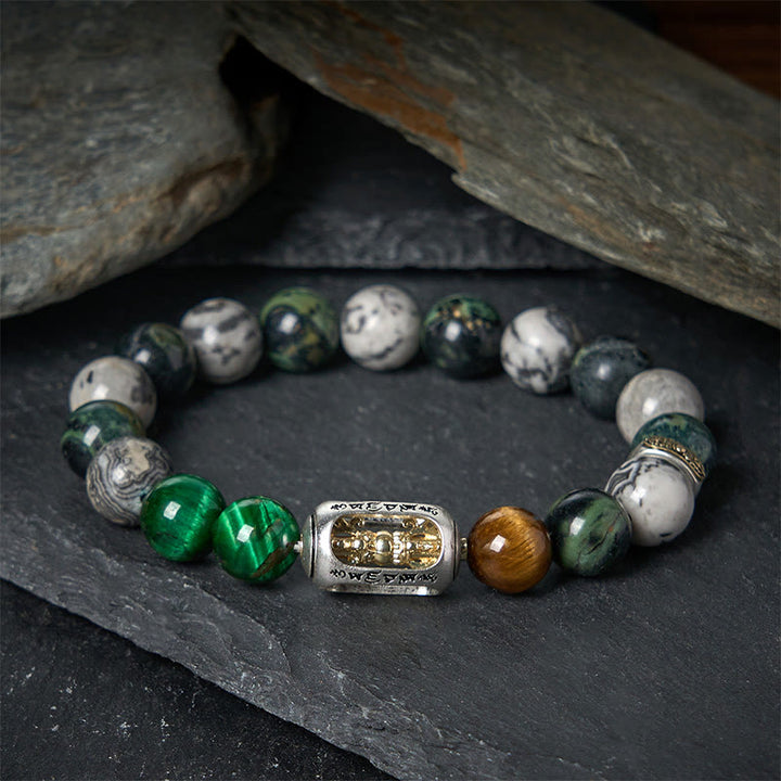 Buddha Stones Jaspe Gris Naturel Jaspe Kambamba Oeil de Tigre Om Mani Padme Hum Bracelet de Protection - 20 cm - image 0