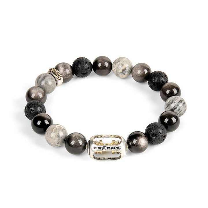 Buddha Stones argent éclat obsidienne pierre de lave jaspe gris Om Mani Padme Hum Vajra bracelet apaisant - image 4